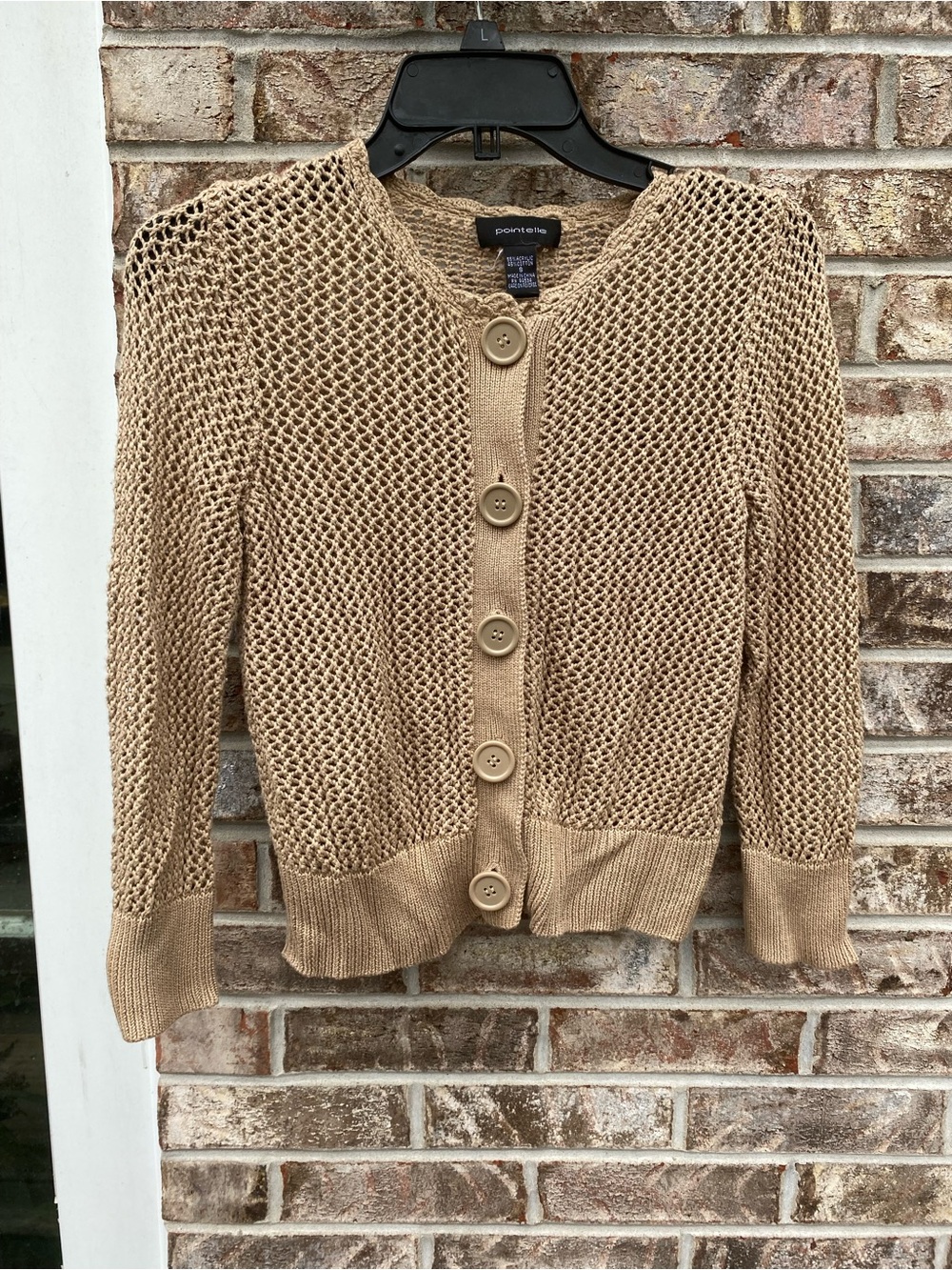 Beige/Tan Pointelle Open-Weave Button Front Sweater Cardigan Cotton Size S